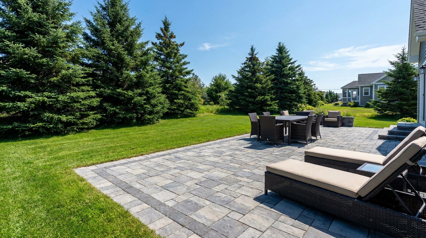 Interlocking paver patio beside a green sod lawn on a Nova Scotia property by Outworks Property Services